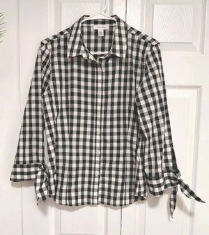 Calvin Klein Women Medium Black White Gingham 3/4 Sleeve Blouse Top Casual